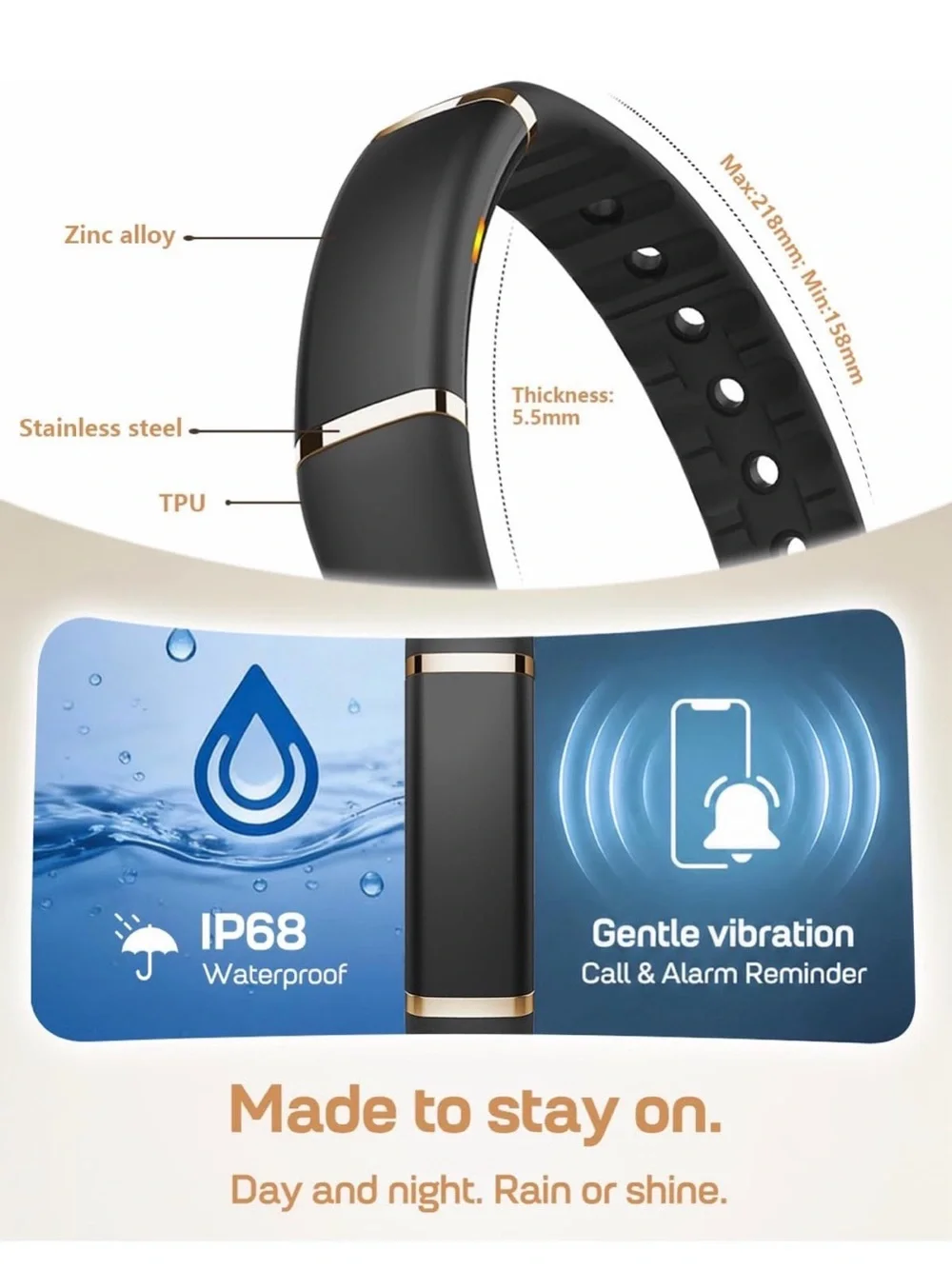 NIB Fit VII Black Fitness Activity Tracker with Gold Accents Smartwatch Wearable